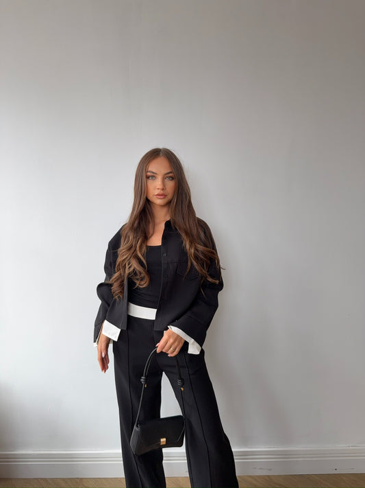 Shirt & Trouser Set with Contrast Trim - Black/White
