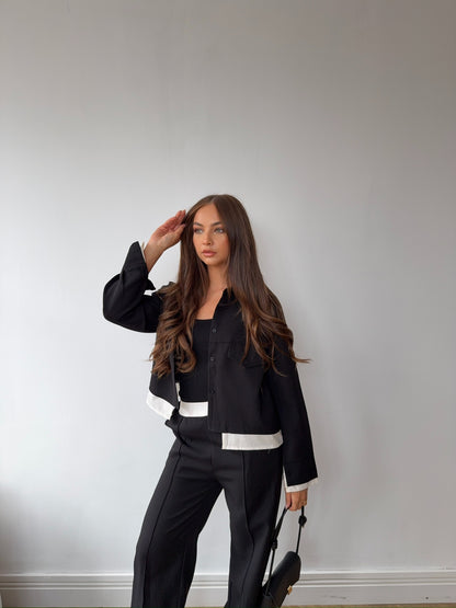 Shirt & Trouser Set with Contrast Trim - Black/White