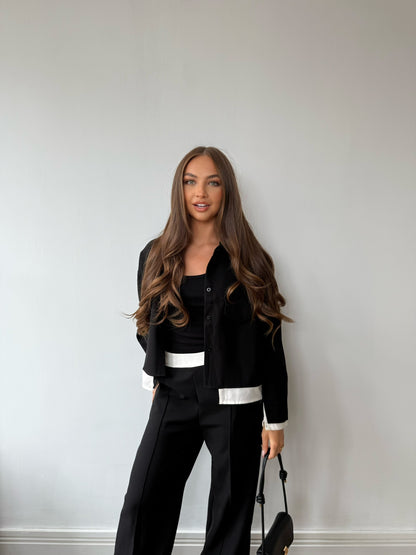 Shirt & Trouser Set with Contrast Trim - Black/White