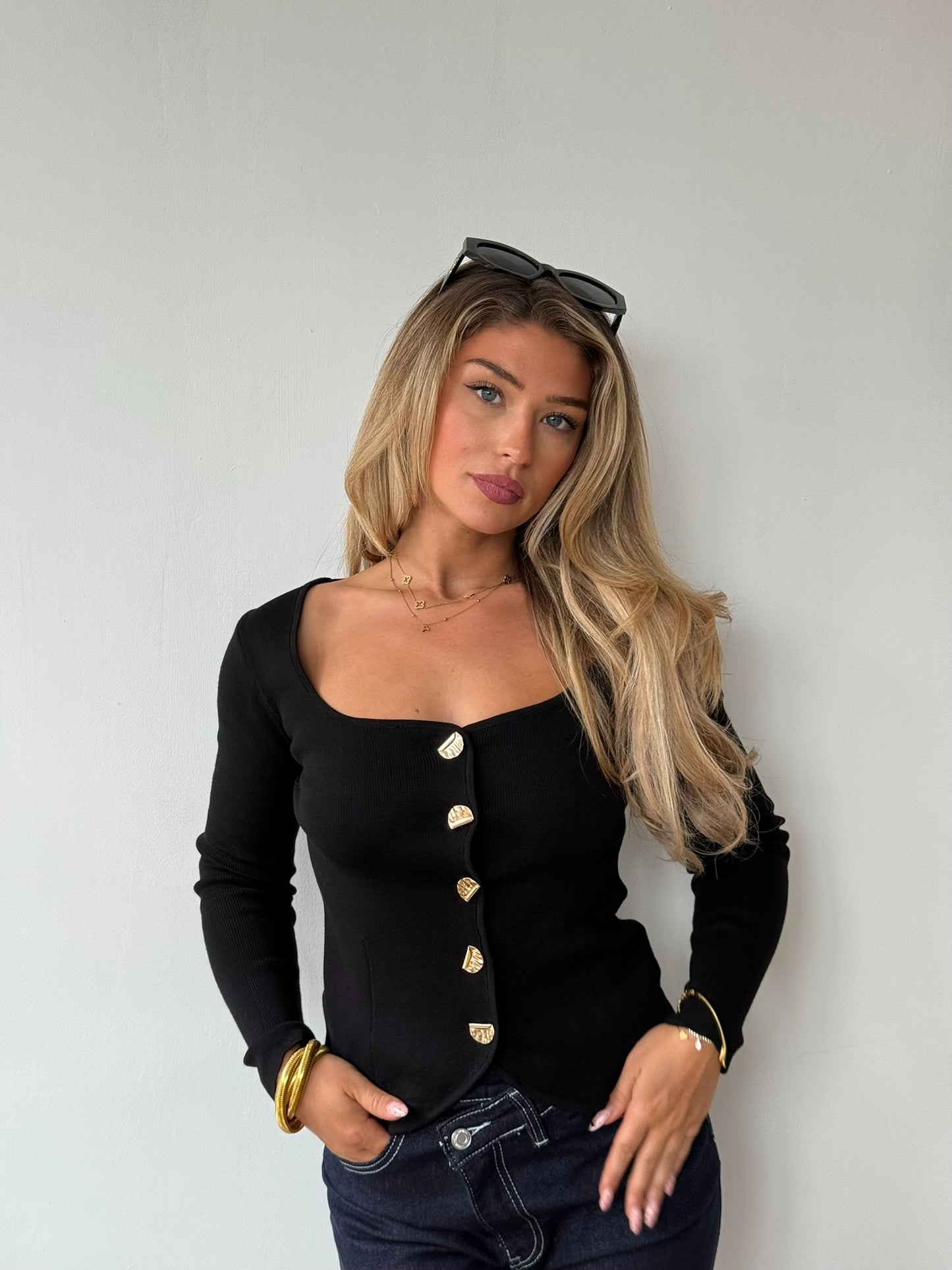 Knit Trousers with Button Detail - Black