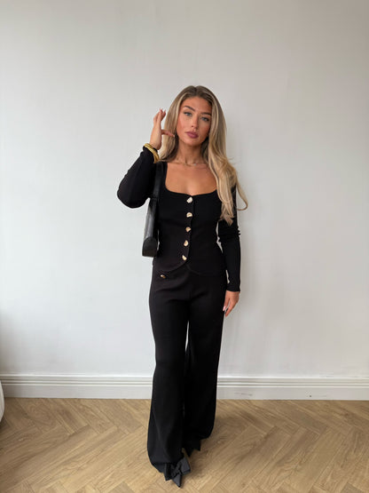 Knit Trousers with Button Detail - Black