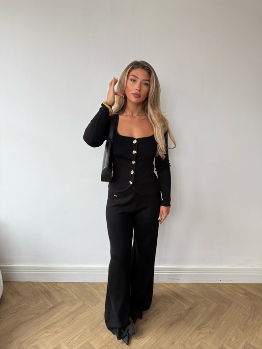Knit Trousers with Button Detail - Black