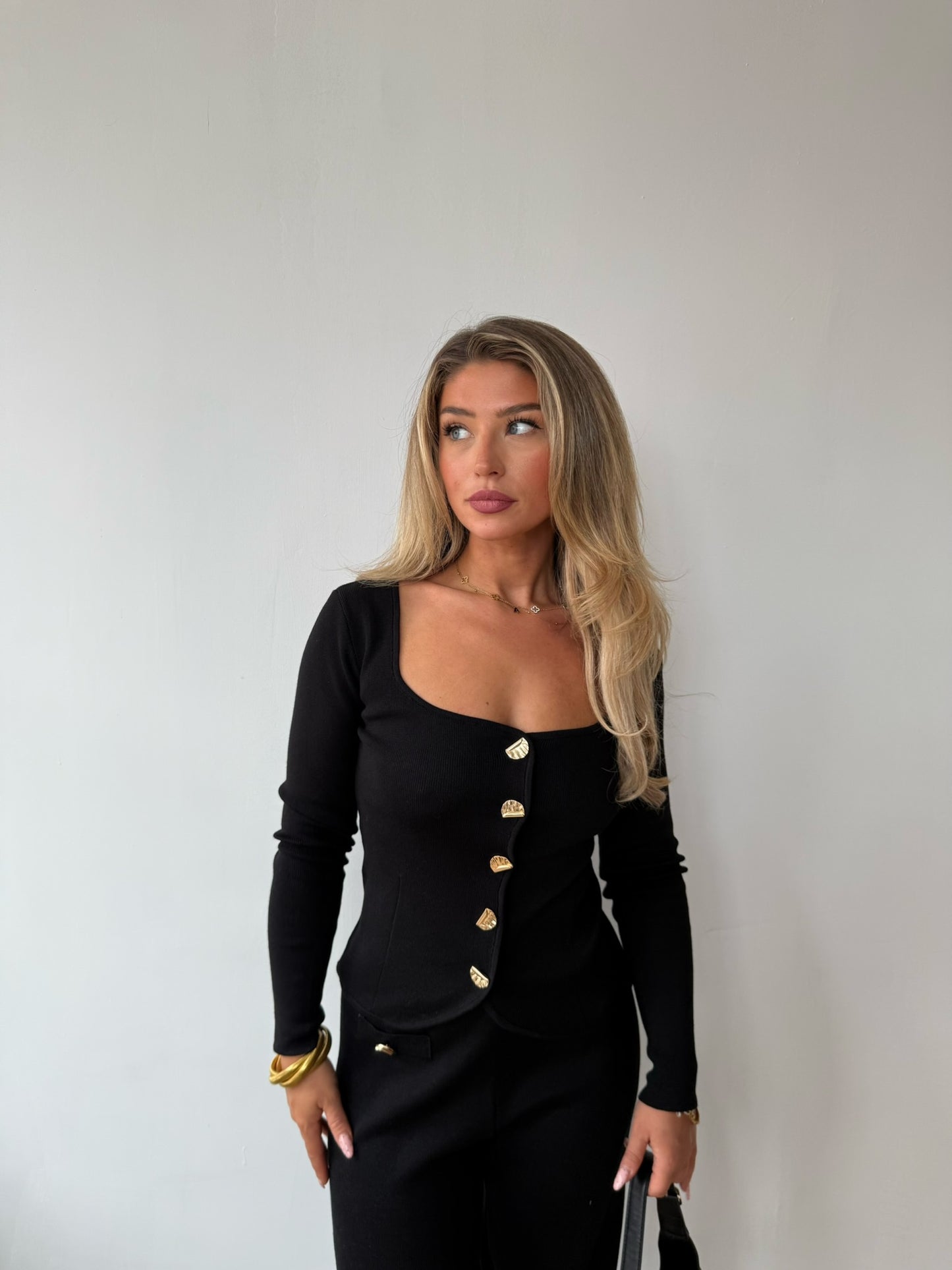 Knit Trousers with Button Detail - Black