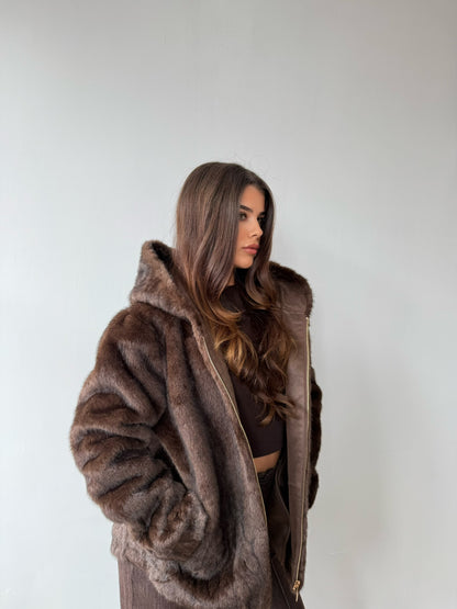 Faux Fur Zip Up Jacket with Hood - Chocolate