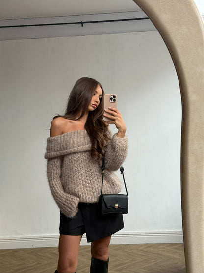 Off Shoulder Chunky Knit Jumper - Beige