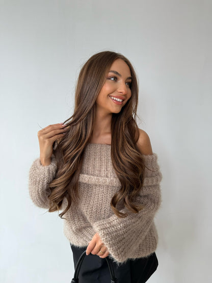 Off Shoulder Chunky Knit Jumper - Beige