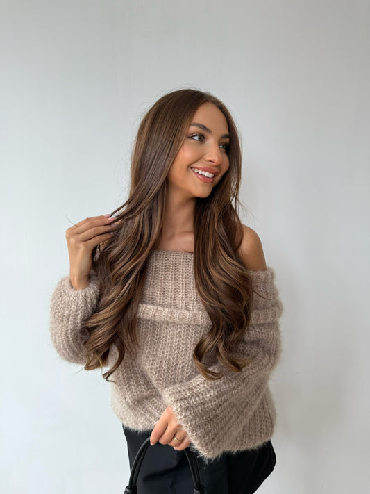 Off Shoulder Chunky Knit Jumper - Beige