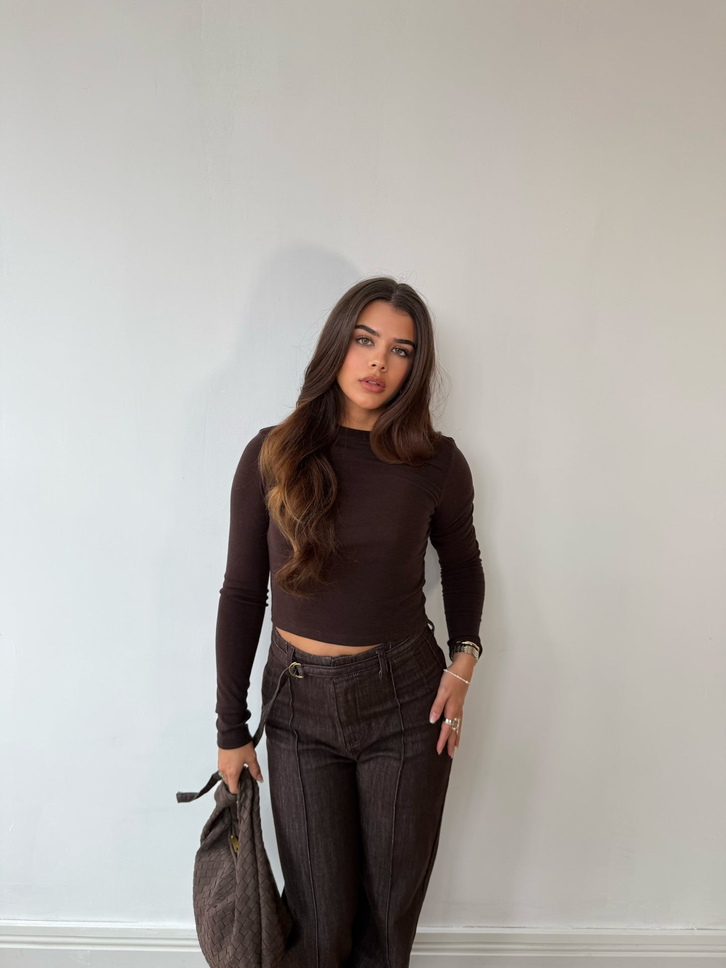 Long Sleeve Fine Knit Top - Chocolate