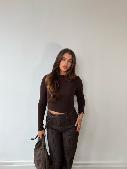 Long Sleeve Fine Knit Top - Chocolate