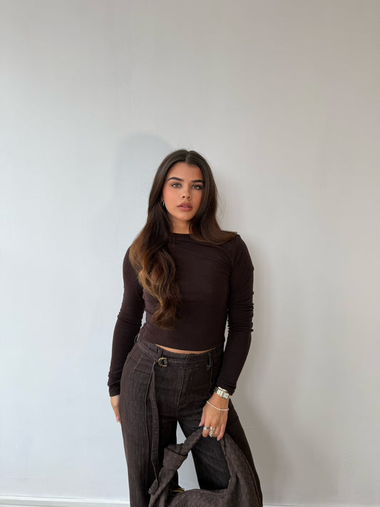 Long Sleeve Fine Knit Top - Chocolate