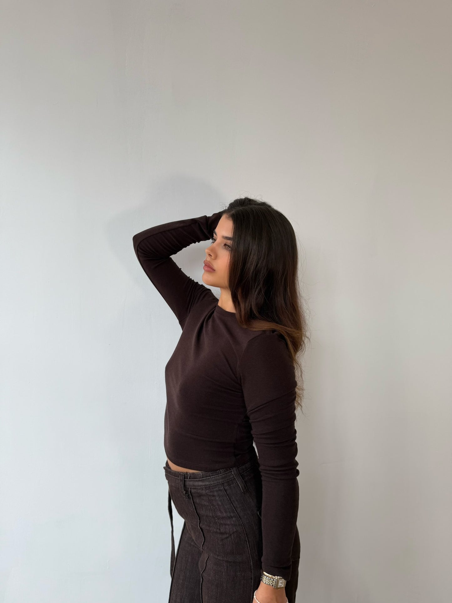 Long Sleeve Fine Knit Top - Chocolate