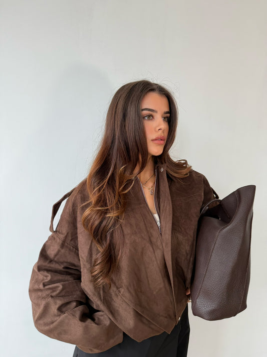 Suede Style Bomber Jacket - Chocolate