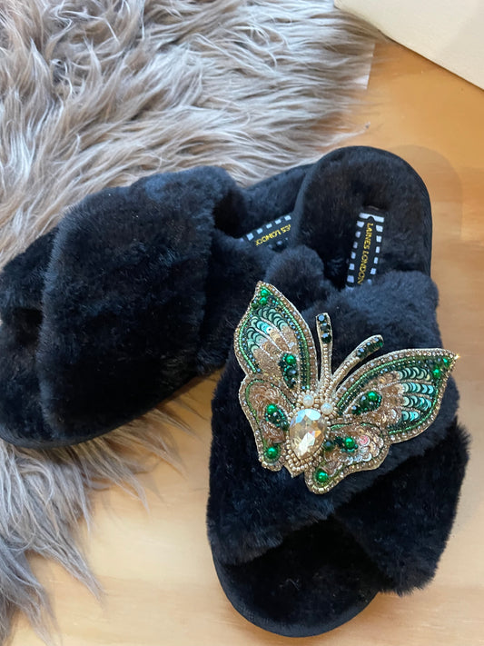 Black open toe butterfly slippers