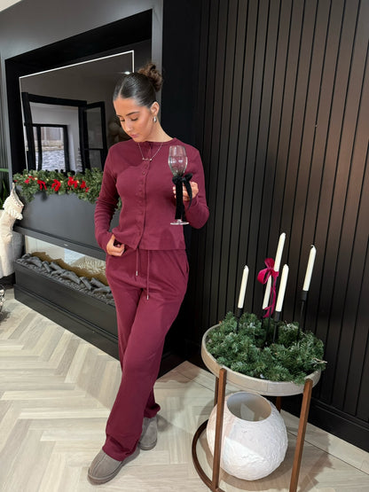 Button Top & Trouser Set - Burgundy