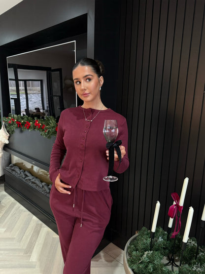 Button Top & Trouser Set - Burgundy