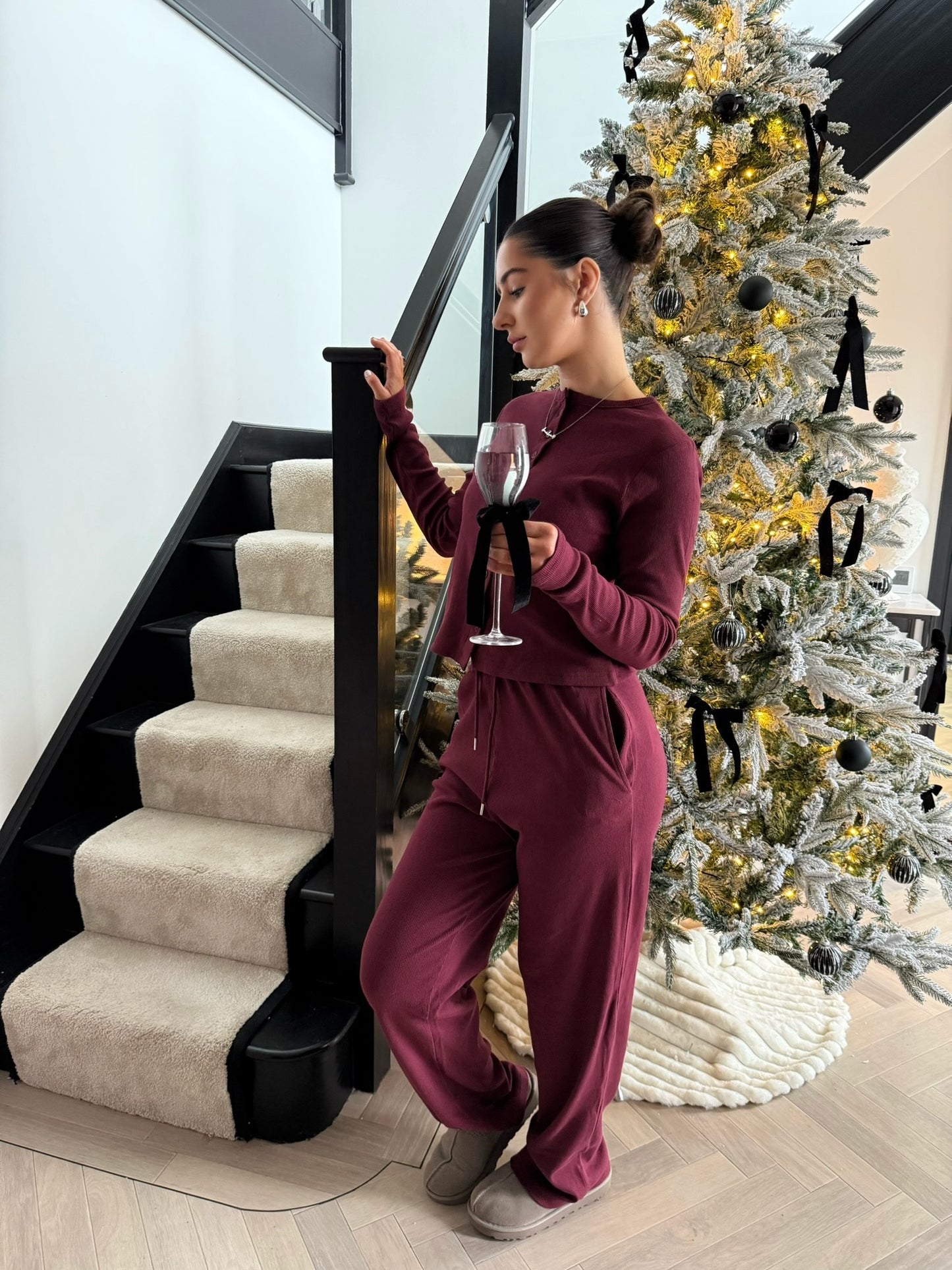 Button Top & Trouser Set - Burgundy