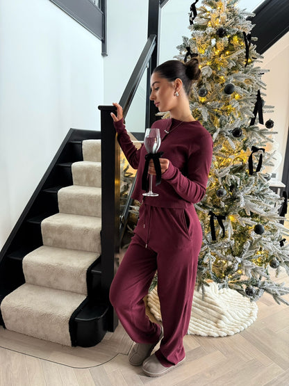 Button Top & Trouser Set - Burgundy