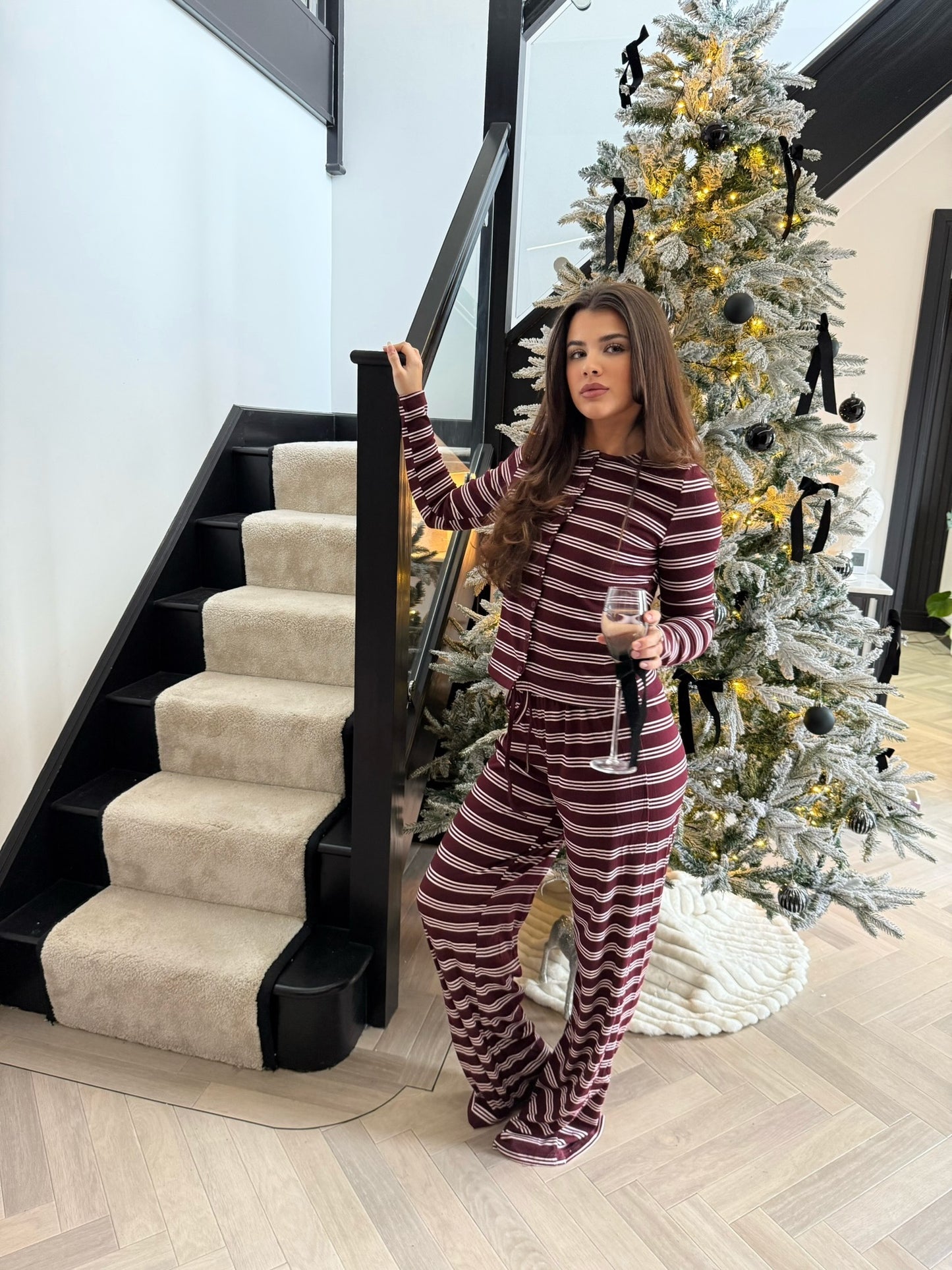 Striped Button Top & Trouser Set - Burgundy/Pink