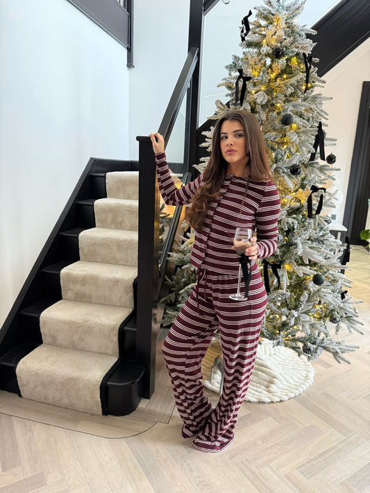 Striped Button Top & Trouser Set - Burgundy/Pink