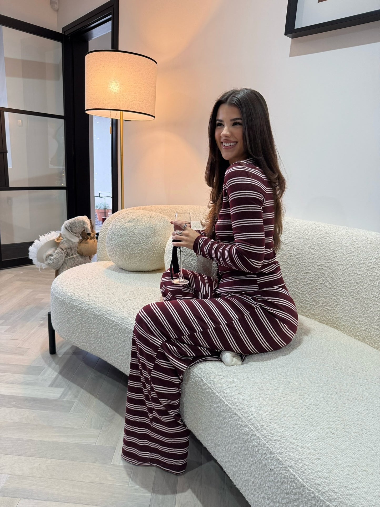 Striped Button Top & Trouser Set - Burgundy/Pink