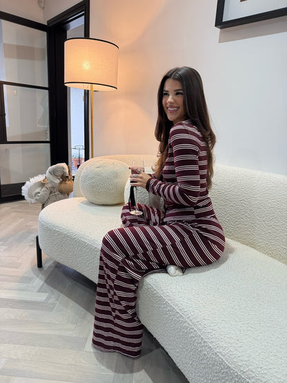 Striped Button Top & Trouser Set - Burgundy/Pink