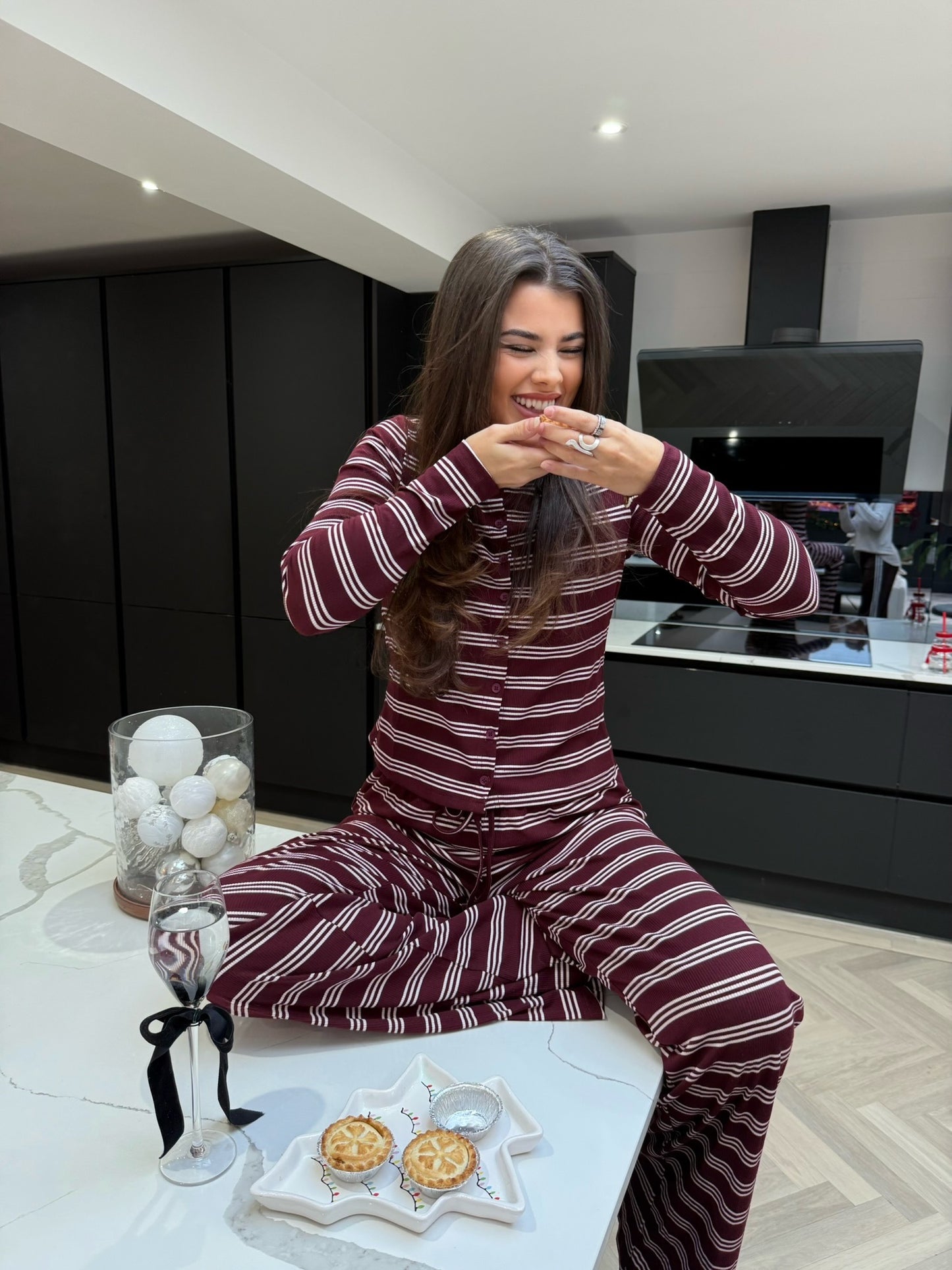 Striped Button Top & Trouser Set - Burgundy/Pink