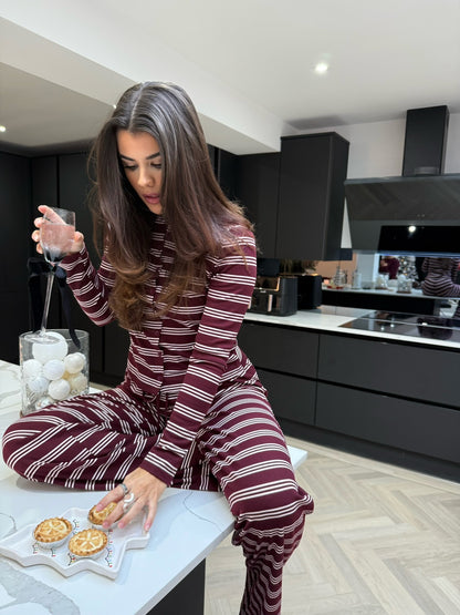 Striped Button Top & Trouser Set - Burgundy/Pink