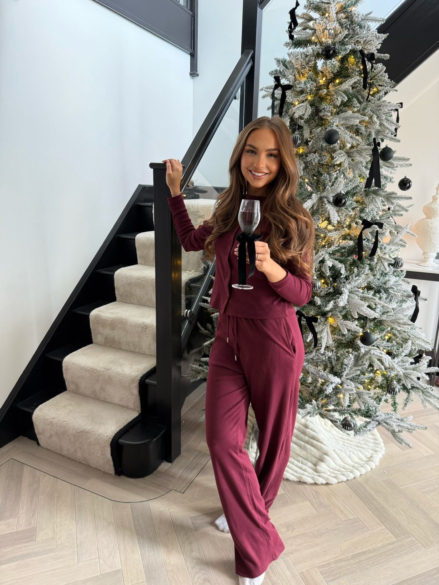 Button Top & Trouser Set - Burgundy