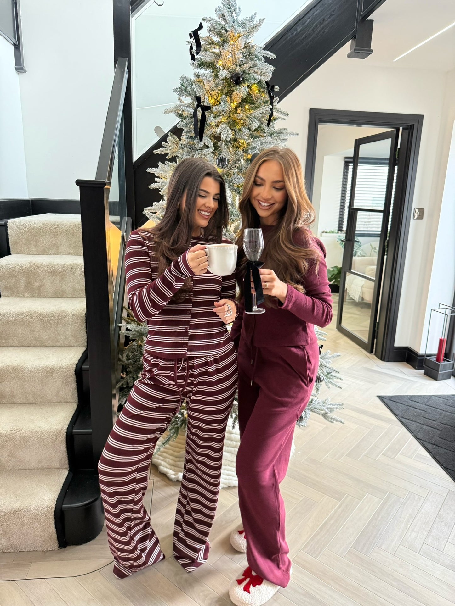 Striped Button Top & Trouser Set - Burgundy/Pink