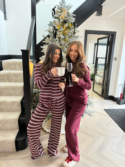 Striped Button Top & Trouser Set - Burgundy/Pink