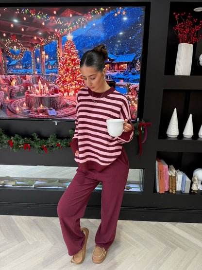 Striped Crew Neck Jumper - Burgundy/Pink