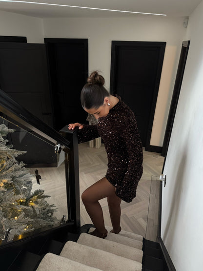 Fluted Sleeve Sequin Mini Dress - Chocolate