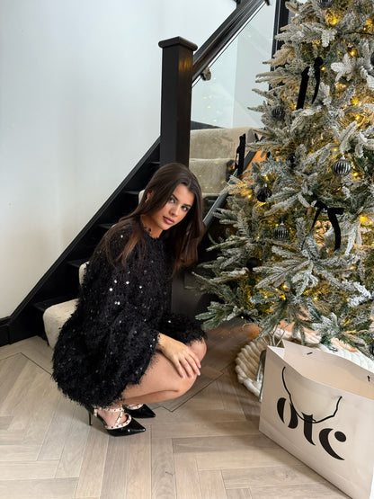 Sequin Shift Dress with Faux Feather Tassel Detail- Black