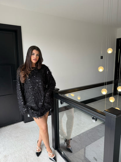 Sequin Shift Dress with Faux Feather Tassel Detail- Black