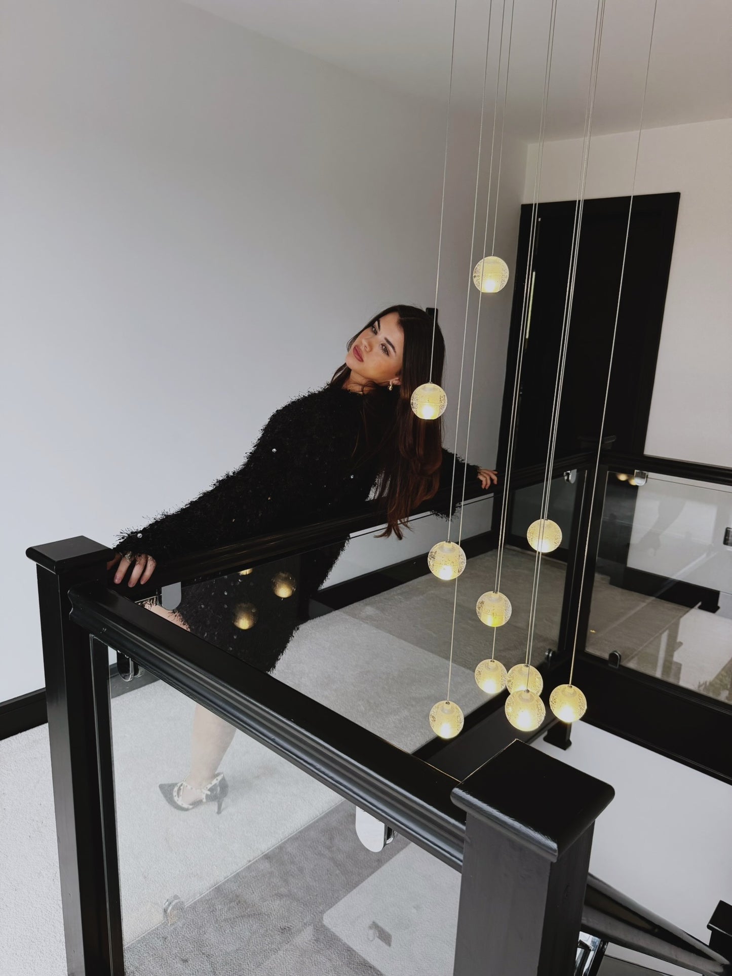 Sequin Shift Dress with Faux Feather Tassel Detail- Black