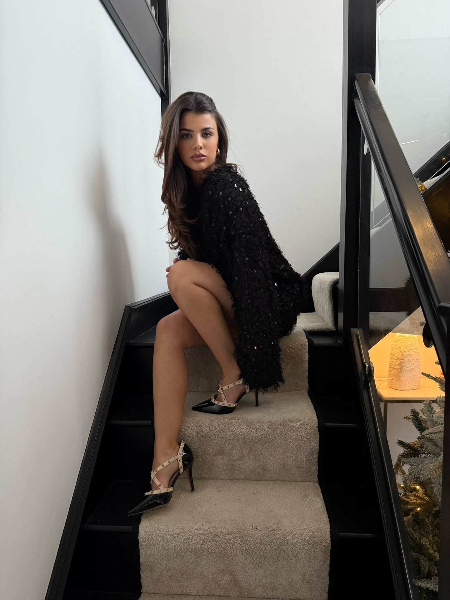 Sequin Shift Dress with Faux Feather Tassel Detail- Black