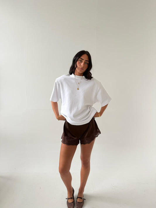 Satin Short with Lace Trim - Chocolate