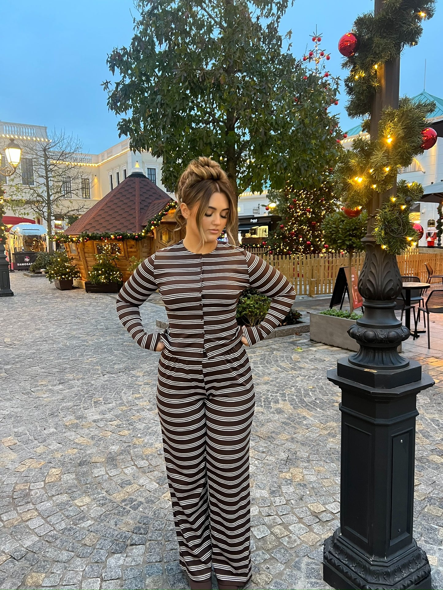 Striped Button Top & Trouser Set - Chocolate/White