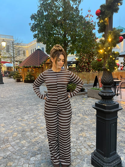 Striped Button Top & Trouser Set - Chocolate/White