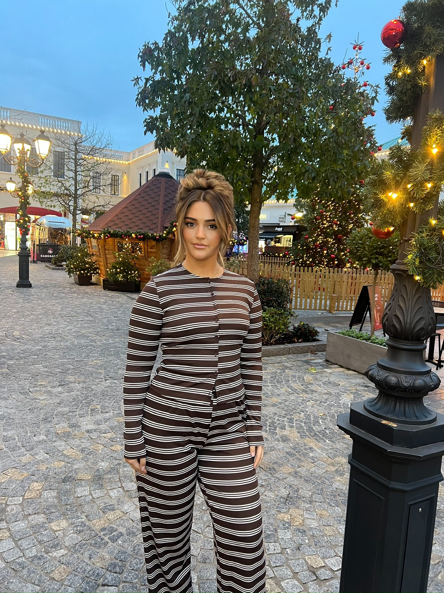 Striped Button Top & Trouser Set - Chocolate/White