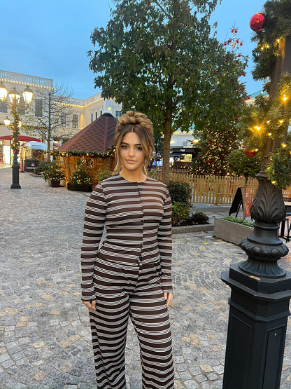 Striped Button Top & Trouser Set - Chocolate/White