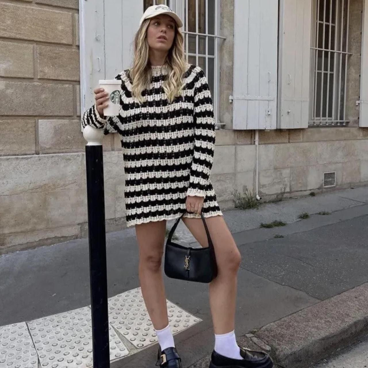Striped Knit Mini Dress - Black/Cream