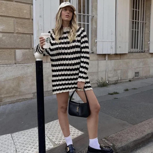 Striped Knit Mini Dress - Black/Cream