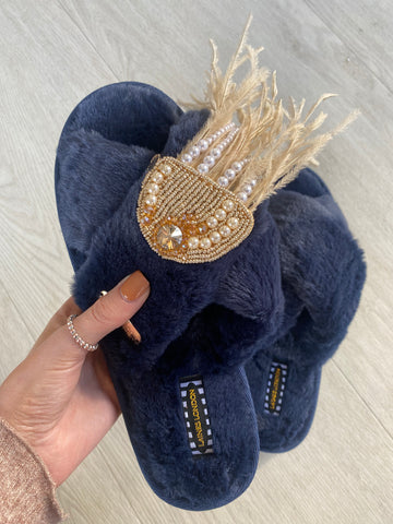 Classic Laines Slippers with Artisan Pearl and feather Jellyfish - Navy