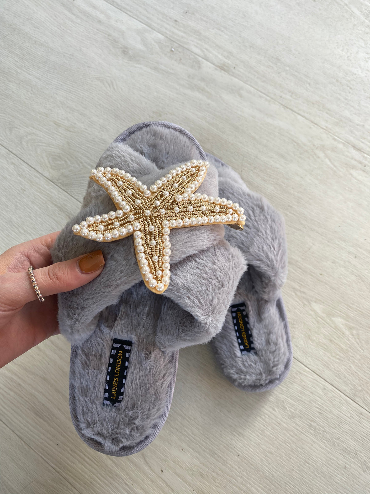 Classic Laines slippers with artisan gold and pearl Starfish - grey