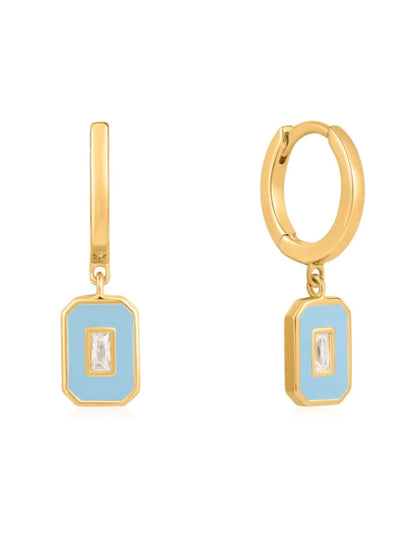 Powder Blue Enamel Emblem Gold Hoop Earrings