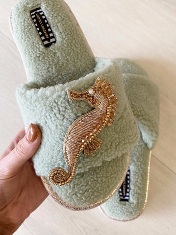 Teddy towelling slipper/slider with gold artisan seahorse - sage