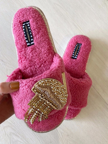 Teddy Towelling slipper/slider with pearl and pink artisan jellyfish - Raspberry