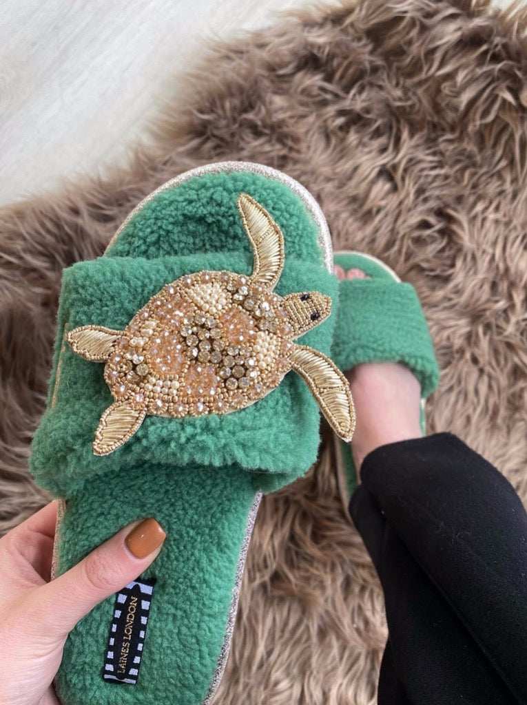 Teddy Towelling slipper/sliders with artisan gold turtle - Emerald