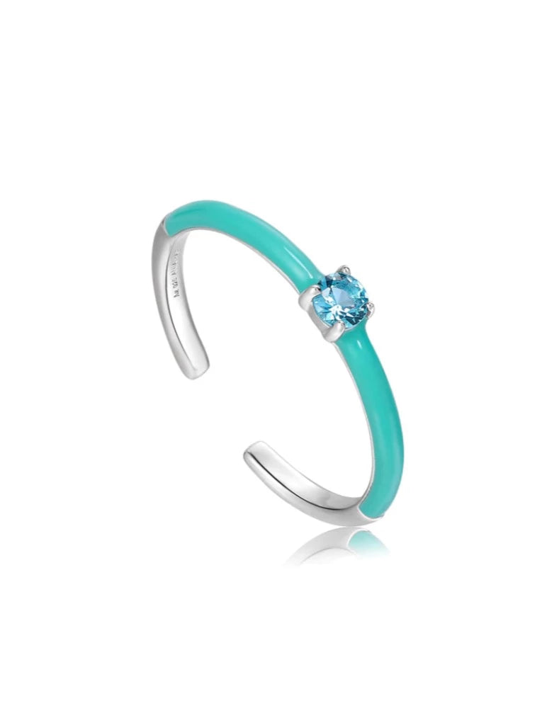 Teal Enamel Silver Adjustable Ring